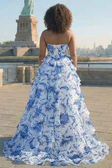 Blau Weiß Blumen Stufen Langes Übergröße Ballkleid mit Schlitz