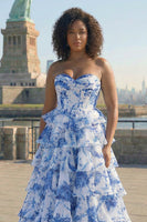 Laden Sie das Bild in den Galerie-Viewer, Blau Weiß Blumen Stufen Langes Übergröße Ballkleid mit Schlitz