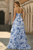 Laden Sie das Bild in den Galerie-Viewer, Blau Weiß Blumen Stufen Langes Übergröße Ballkleid mit Schlitz