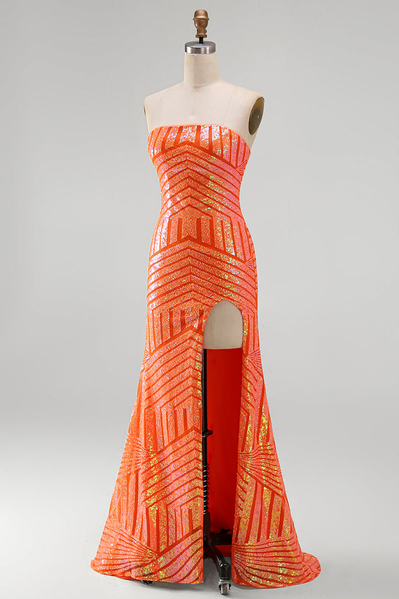 Laden Sie das Bild in den Galerie-Viewer, Glitzerndes Orange Meerjungfrauen Pailletten Trägerloses Langes Abschlussballkleid mit Schlitz