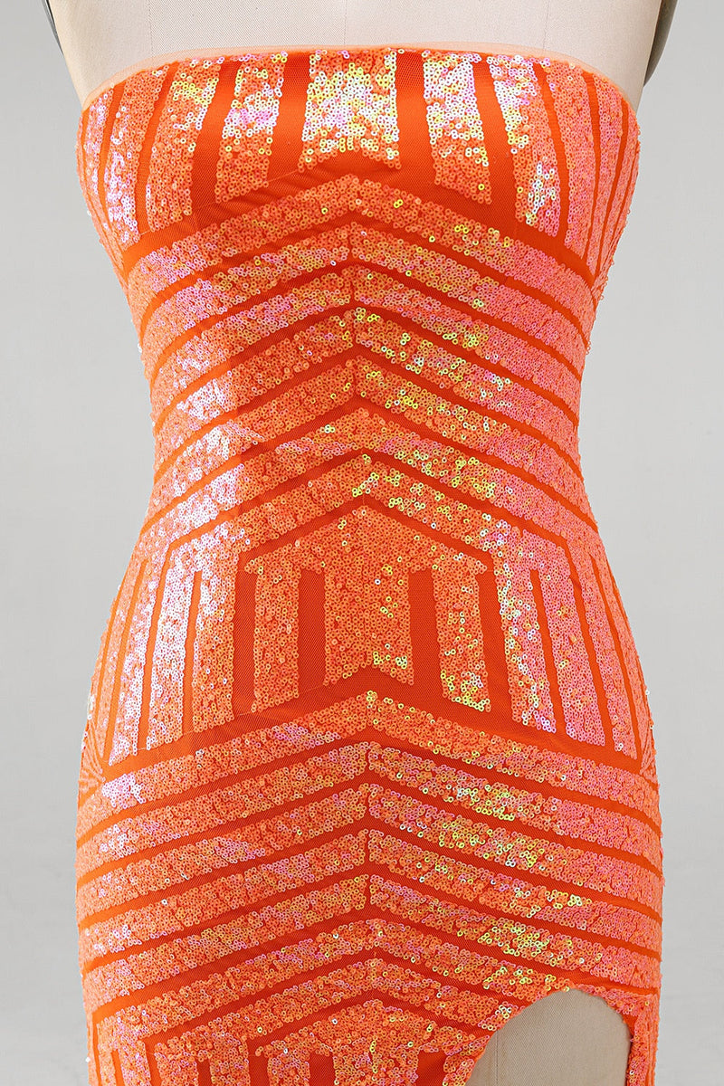Laden Sie das Bild in den Galerie-Viewer, Glitzerndes Orange Meerjungfrauen Pailletten Trägerloses Langes Abschlussballkleid mit Schlitz