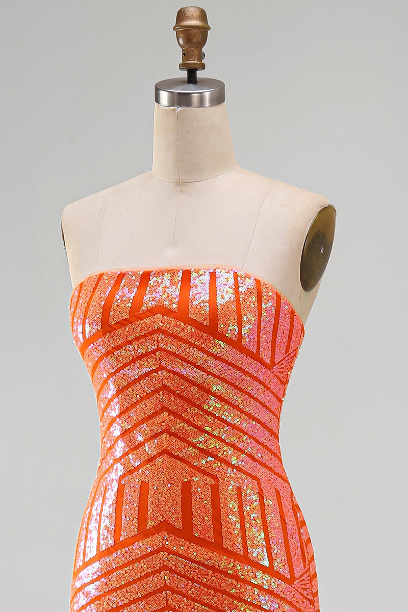 Laden Sie das Bild in den Galerie-Viewer, Glitzerndes Orange Meerjungfrauen Pailletten Trägerloses Langes Abschlussballkleid mit Schlitz