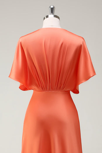 Sunset A Linie Satin Brautjungfernkleid mit V-Ausschnitt und kurzen Ärmeln