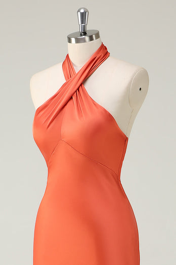 Orange Langes Meerjungfrauen Brautjungfernkleid mit Neckholder