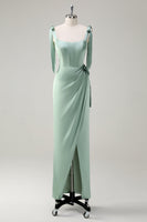 Laden Sie das Bild in den Galerie-Viewer, Glitzerndes Salbei Etui Fliege Träger Korsett Langes Brautjungfernkleid mit Schlitz