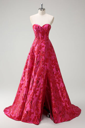 Fuchsia Blumen Jacquard Herzausschnitt Prinzessin Langes Korsett Ballkleid mit Schlitz