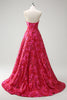 Laden Sie das Bild in den Galerie-Viewer, Fuchsia Blumen Jacquard Herzausschnitt Prinzessin Langes Korsett Ballkleid mit Schlitz