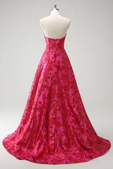 Fuchsia Blumen Jacquard Herzausschnitt Prinzessin Langes Korsett Ballkleid mit Schlitz