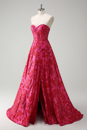 Fuchsia Blumen Jacquard Herzausschnitt Prinzessin Langes Korsett Ballkleid mit Schlitz