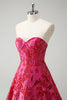 Laden Sie das Bild in den Galerie-Viewer, Fuchsia Blumen Jacquard Herzausschnitt Prinzessin Langes Korsett Ballkleid mit Schlitz