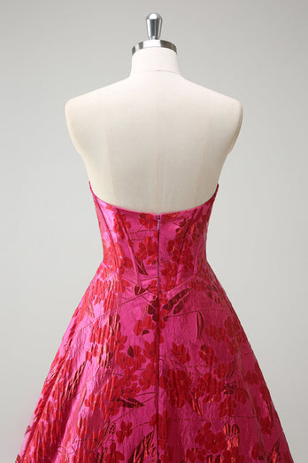 Fuchsia Blumen Jacquard Herzausschnitt Prinzessin Langes Korsett Ballkleid mit Schlitz