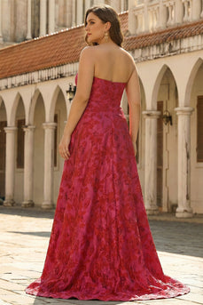 Fuchsia Blumen Trägerloses A-Linie Langes Plus Size Ballkleid