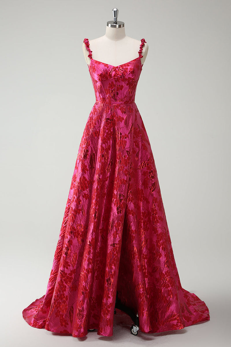 Laden Sie das Bild in den Galerie-Viewer, Fuchsia A-Linie Spaghettiträger Langes Ballkleid aus Blumen Jacquard mit Schlitz