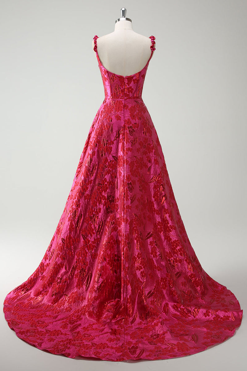 Laden Sie das Bild in den Galerie-Viewer, Fuchsia A-Linie Spaghettiträger Langes Ballkleid aus Blumen Jacquard mit Schlitz