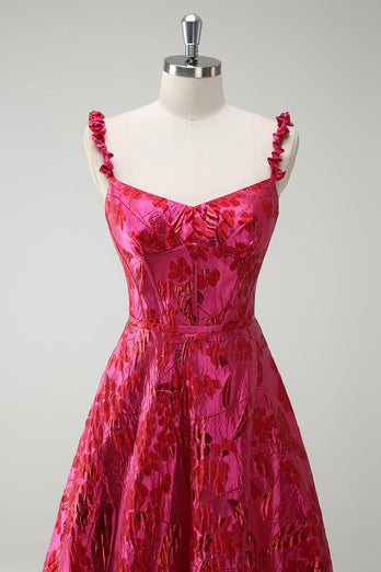 Fuchsia A-Linie Spaghettiträger Langes Ballkleid aus Blumen Jacquard mit Schlitz