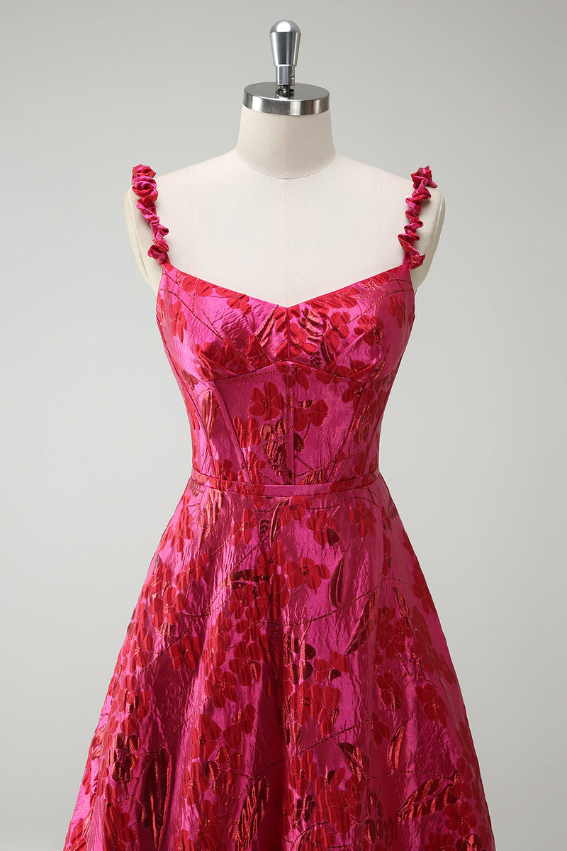 Laden Sie das Bild in den Galerie-Viewer, Fuchsia A-Linie Spaghettiträger Langes Ballkleid aus Blumen Jacquard mit Schlitz