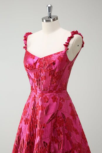 Fuchsia A-Linie Spaghettiträger Langes Ballkleid aus Blumen Jacquard mit Schlitz