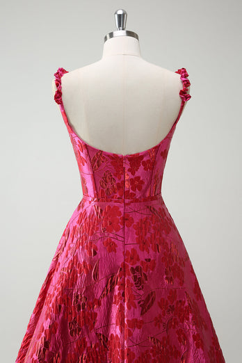 Fuchsia A-Linie Spaghettiträger Langes Ballkleid aus Blumen Jacquard mit Schlitz