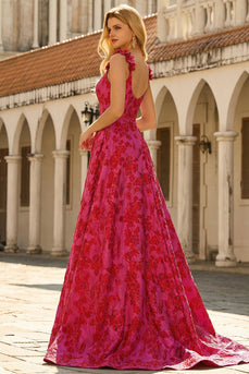 Fuchsia A-Linie Blumen Spaghettiträger Jacquard Brokat Langes Ballkleid