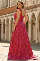 Laden Sie das Bild in den Galerie-Viewer, Fuchsia A-Linie Spaghettiträger Langes Ballkleid aus Blumen Jacquard mit Schlitz