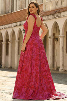 Fuchsia Blumen Jacquard A-Linie Spaghetti-Träger Lange Plus Size Ballkleid mit Schlitz