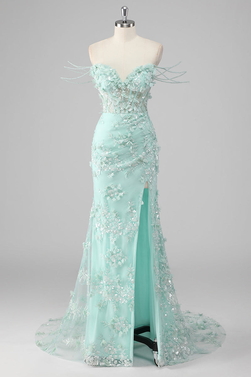 Laden Sie das Bild in den Galerie-Viewer, Grünes Etui Herzausschnitt Korsett Appliziertes Langes Ballkleid mit Schlitz