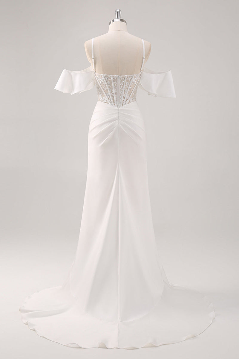 Laden Sie das Bild in den Galerie-Viewer, Weißes Meerjungfrau Kalte Schulter Korsett Appliziertes Langes Ballkleid mit Schlitz