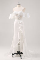 Laden Sie das Bild in den Galerie-Viewer, Weißes Meerjungfrau Kalte Schulter Korsett Appliziertes Langes Ballkleid mit Schlitz