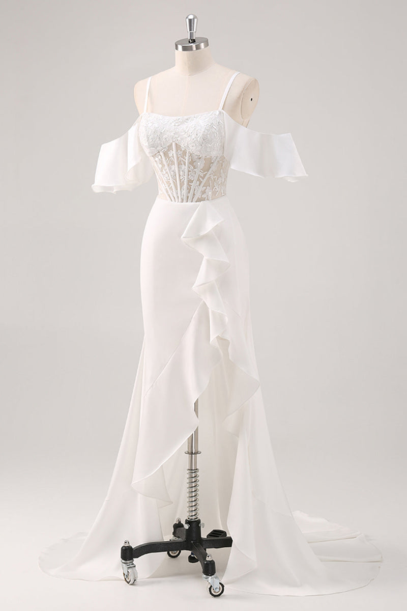 Laden Sie das Bild in den Galerie-Viewer, Weißes Meerjungfrau Kalte Schulter Korsett Appliziertes Langes Ballkleid mit Schlitz