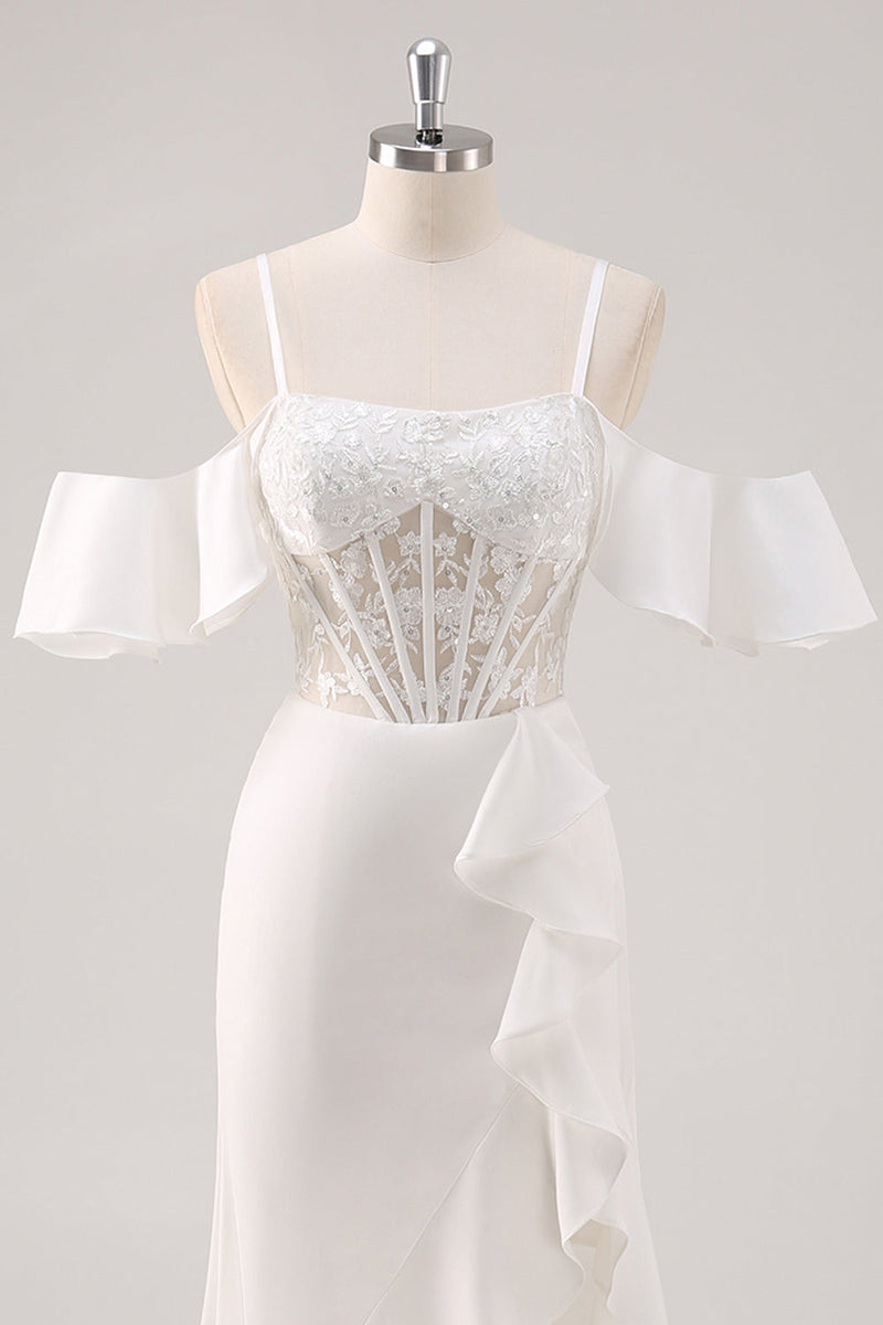 Laden Sie das Bild in den Galerie-Viewer, Weißes Meerjungfrau Kalte Schulter Korsett Appliziertes Langes Ballkleid mit Schlitz