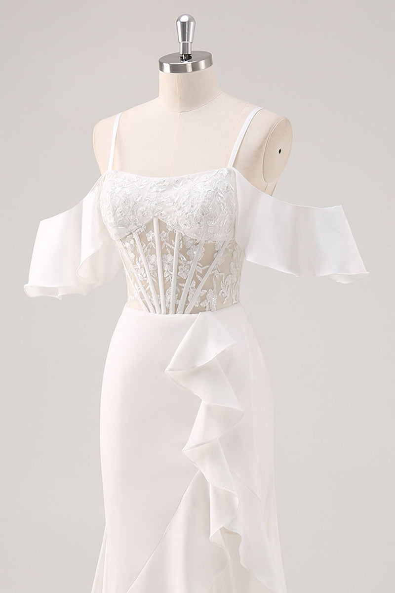 Laden Sie das Bild in den Galerie-Viewer, Weißes Meerjungfrau Kalte Schulter Korsett Appliziertes Langes Ballkleid mit Schlitz