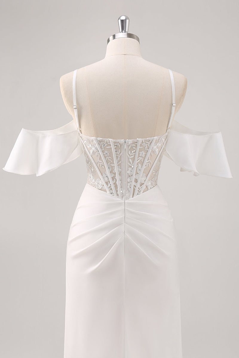 Laden Sie das Bild in den Galerie-Viewer, Weißes Meerjungfrau Kalte Schulter Korsett Appliziertes Langes Ballkleid mit Schlitz