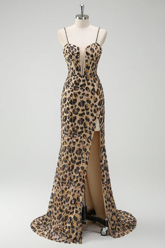 Khaki Leopard Pailletten Meerjungfrau Spaghettiträger Langes Korsett Abendkleid mit Schlitz