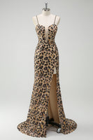 Laden Sie das Bild in den Galerie-Viewer, Meerjungfrauen Khaki Leoparden Pailletten Korsett Übergröße Langes Ballkleid mit Schlitz