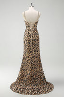 Laden Sie das Bild in den Galerie-Viewer, Meerjungfrauen Khaki Leoparden Pailletten Korsett Übergröße Langes Ballkleid mit Schlitz
