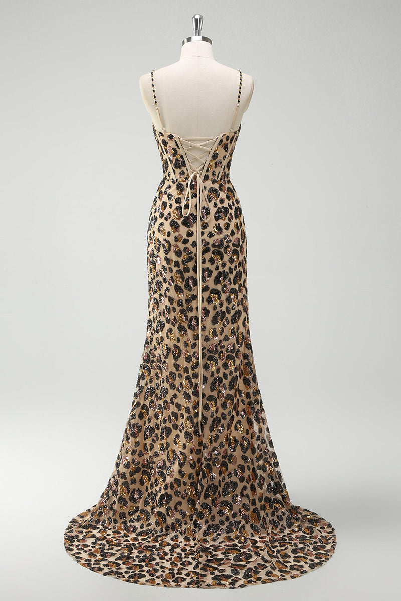 Laden Sie das Bild in den Galerie-Viewer, Meerjungfrauen Khaki Leoparden Pailletten Korsett Übergröße Langes Ballkleid mit Schlitz