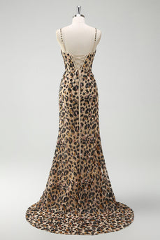 Khaki Leopard Pailletten Meerjungfrau Spaghettiträger Langes Korsett Abendkleid mit Schlitz