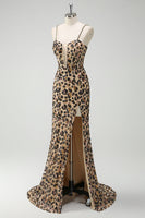 Laden Sie das Bild in den Galerie-Viewer, Meerjungfrauen Khaki Leoparden Pailletten Korsett Übergröße Langes Ballkleid mit Schlitz