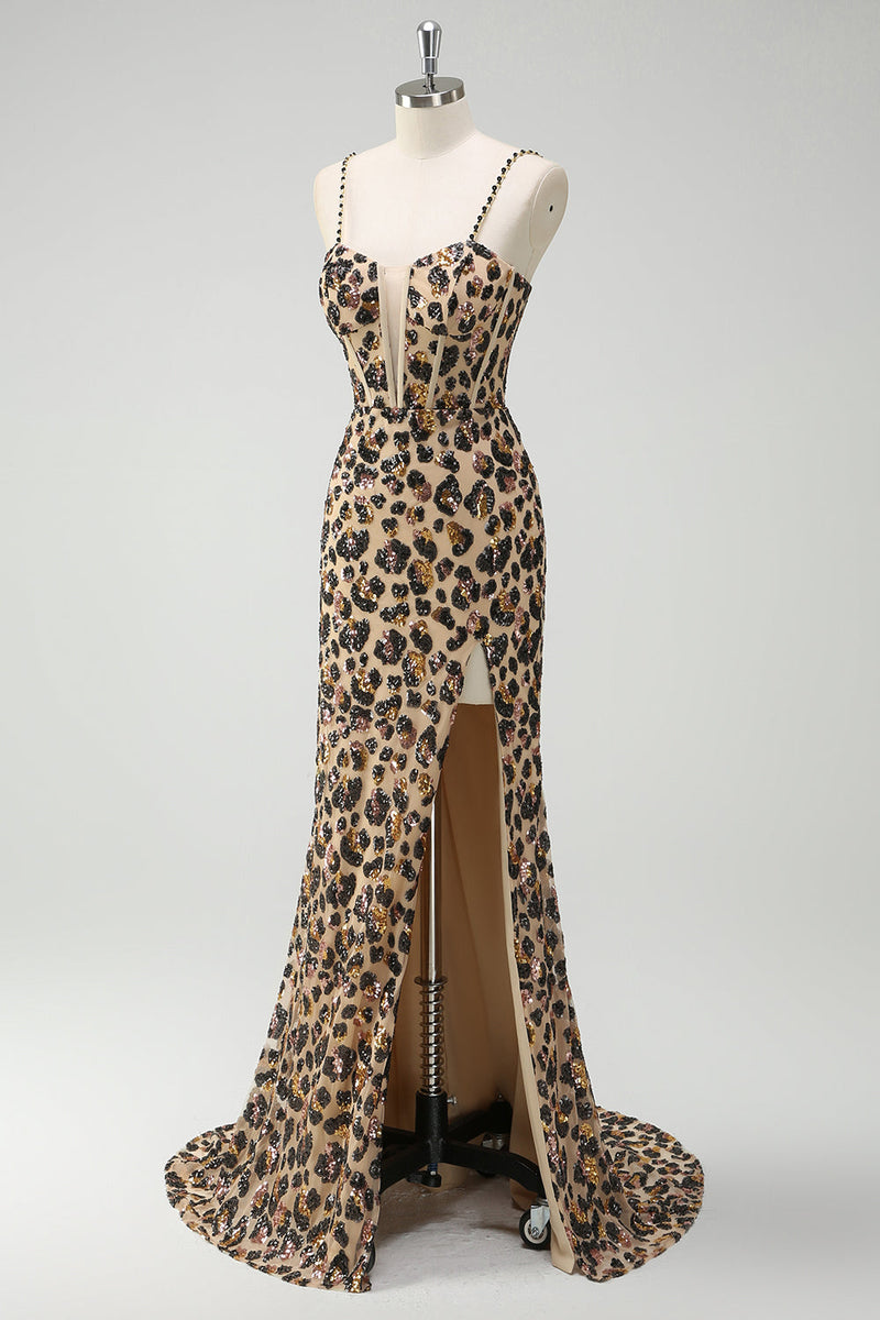 Laden Sie das Bild in den Galerie-Viewer, Meerjungfrauen Khaki Leoparden Pailletten Korsett Übergröße Langes Ballkleid mit Schlitz