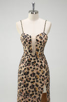 Laden Sie das Bild in den Galerie-Viewer, Meerjungfrauen Khaki Leoparden Pailletten Korsett Übergröße Langes Ballkleid mit Schlitz