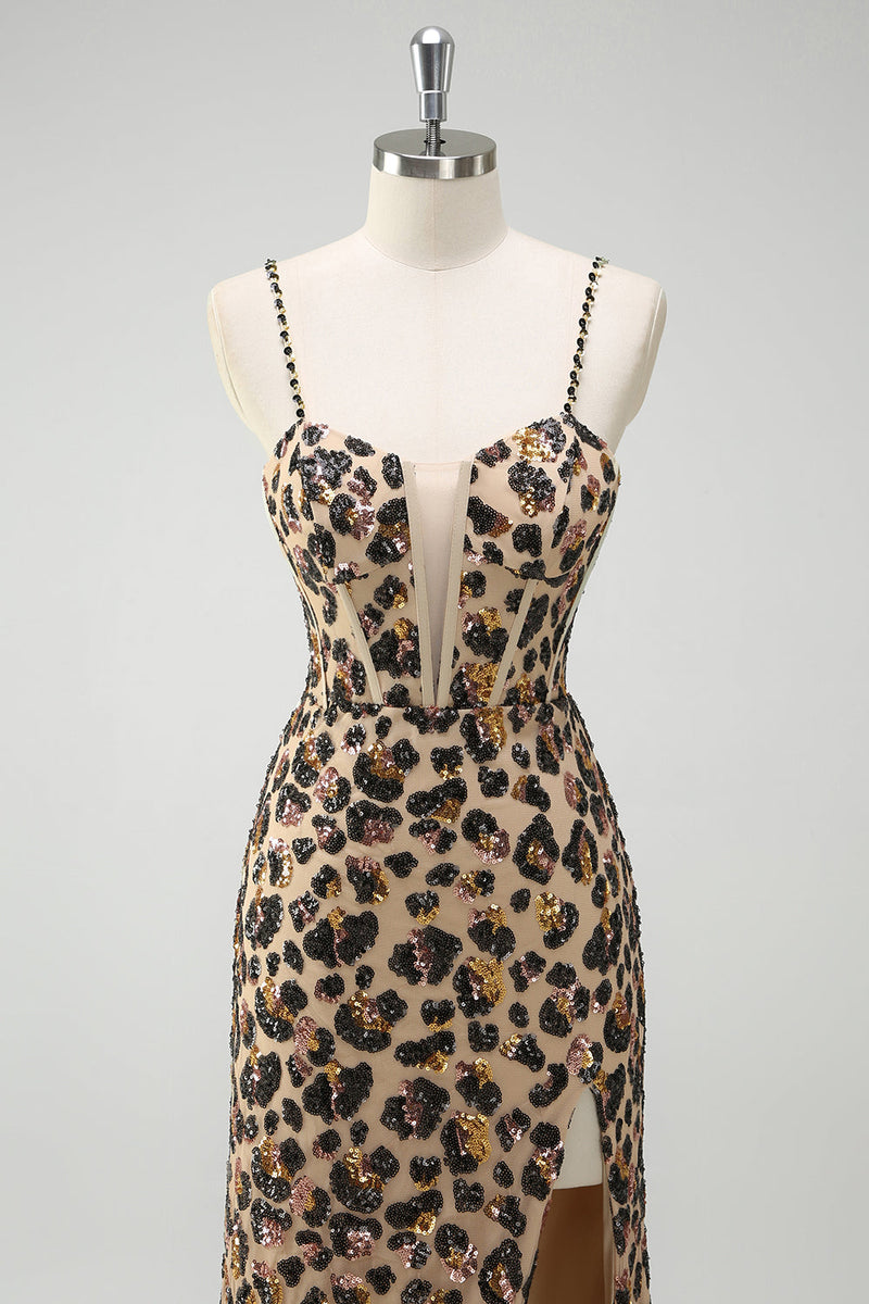 Laden Sie das Bild in den Galerie-Viewer, Meerjungfrauen Khaki Leoparden Pailletten Korsett Übergröße Langes Ballkleid mit Schlitz