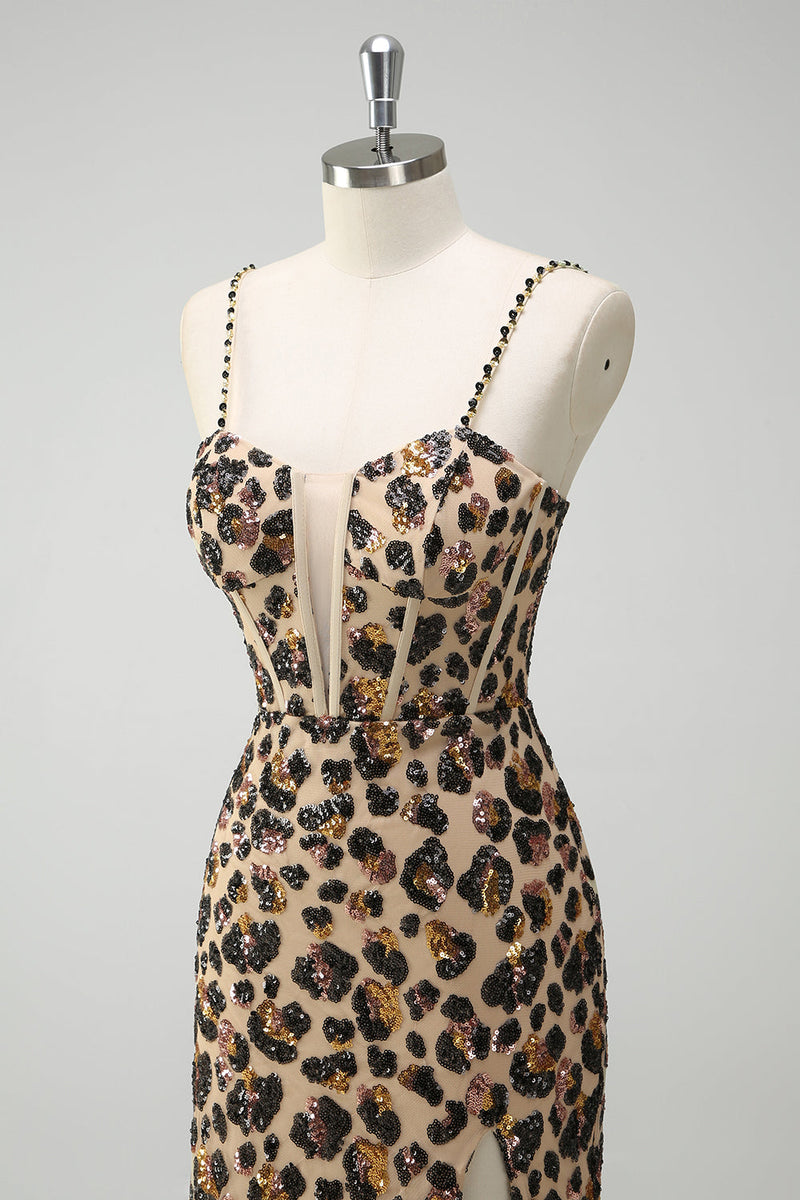 Laden Sie das Bild in den Galerie-Viewer, Meerjungfrauen Khaki Leoparden Pailletten Korsett Übergröße Langes Ballkleid mit Schlitz