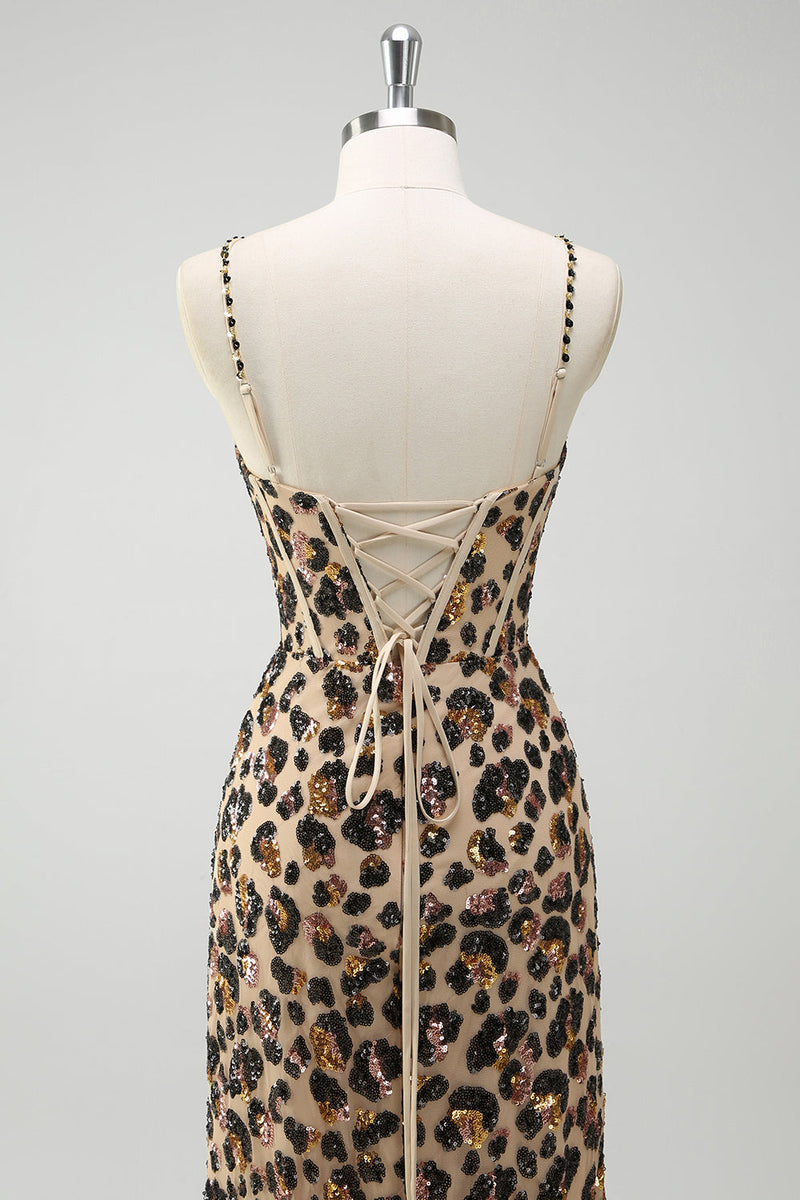Laden Sie das Bild in den Galerie-Viewer, Meerjungfrauen Khaki Leoparden Pailletten Korsett Übergröße Langes Ballkleid mit Schlitz