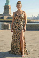Laden Sie das Bild in den Galerie-Viewer, Meerjungfrauen Khaki Leoparden Pailletten Korsett Übergröße Langes Ballkleid mit Schlitz
