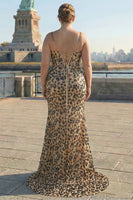 Laden Sie das Bild in den Galerie-Viewer, Meerjungfrauen Khaki Leoparden Pailletten Korsett Übergröße Langes Ballkleid mit Schlitz