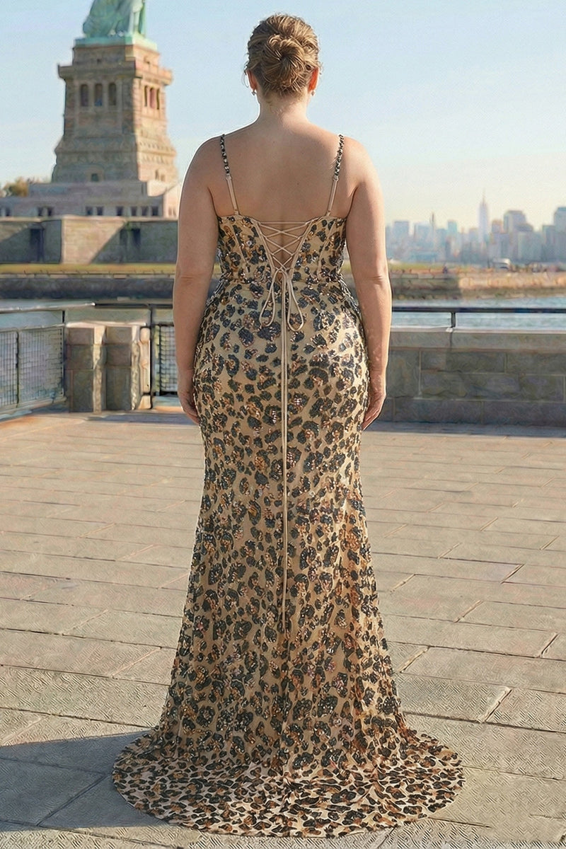 Laden Sie das Bild in den Galerie-Viewer, Meerjungfrauen Khaki Leoparden Pailletten Korsett Übergröße Langes Ballkleid mit Schlitz