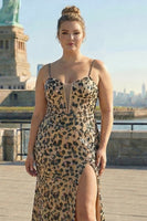 Laden Sie das Bild in den Galerie-Viewer, Meerjungfrauen Khaki Leoparden Pailletten Korsett Übergröße Langes Ballkleid mit Schlitz