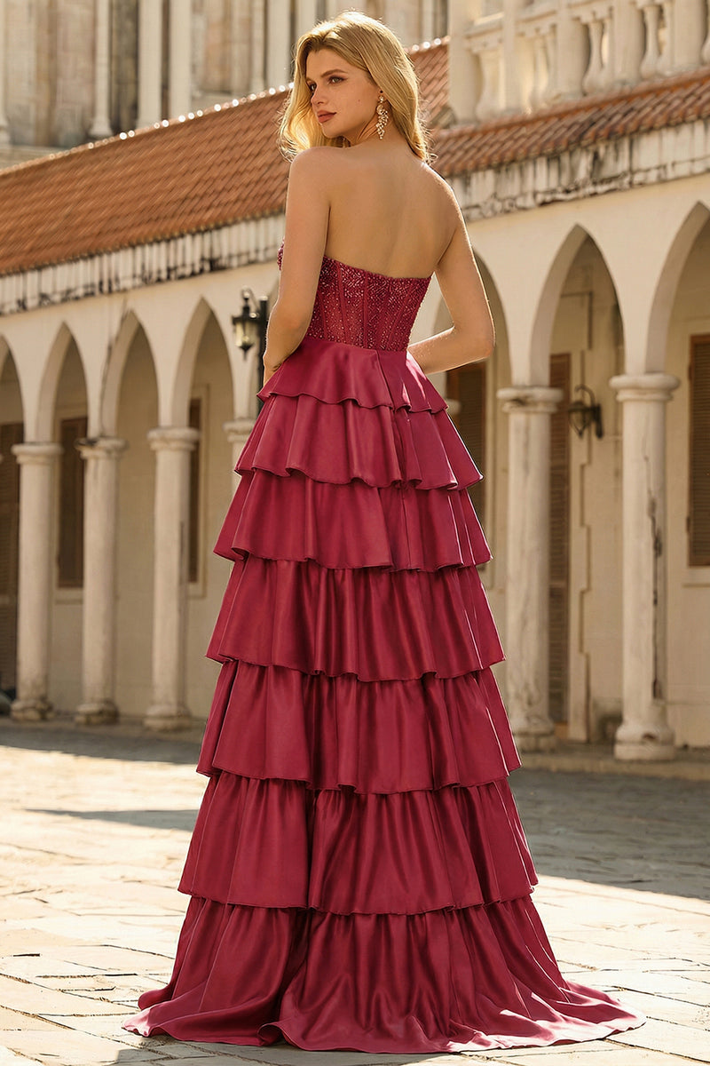 Laden Sie das Bild in den Galerie-Viewer, Grünes Herzausschnitt Prinzessin Satin gestuftes langes Korsett Ballkleid mit Schlitz