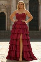 Laden Sie das Bild in den Galerie-Viewer, Grünes Herzausschnitt Gestuftes Satin Korsett Langes Plus Size Ballkleid mit Schlitz