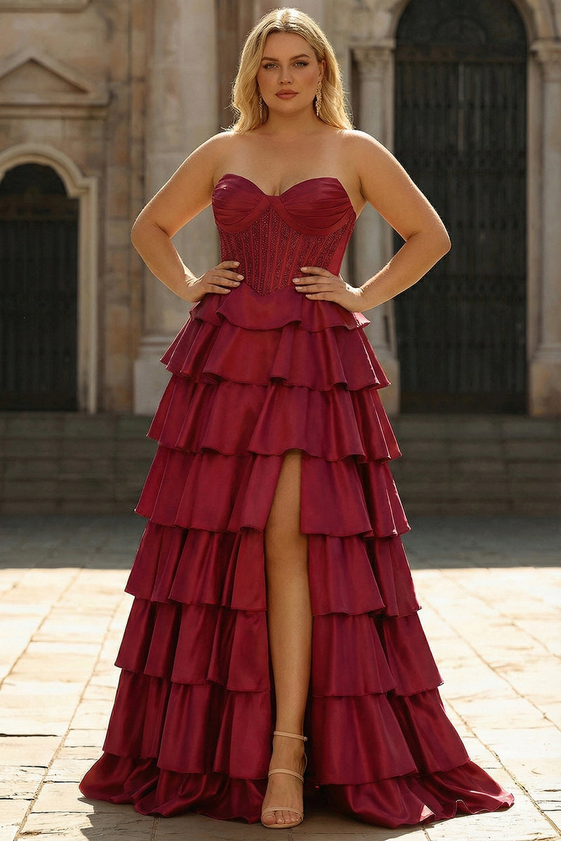 Laden Sie das Bild in den Galerie-Viewer, Grünes Herzausschnitt Gestuftes Satin Korsett Langes Plus Size Ballkleid mit Schlitz